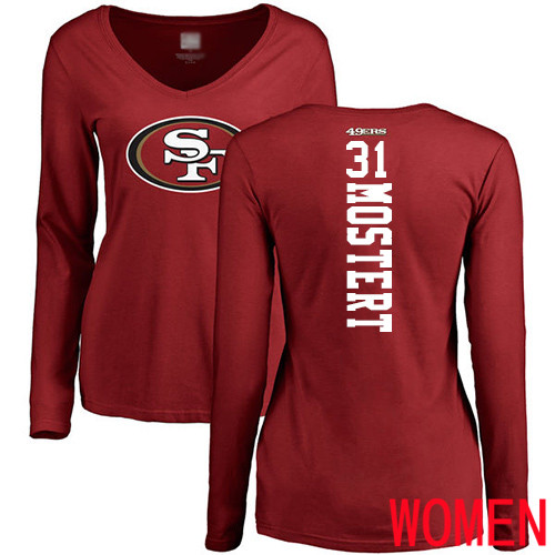 San Francisco 49ers Red Women Raheem Mostert Backer #31 Long Sleeve NFL T Shirt->nfl t-shirts->Sports Accessory
